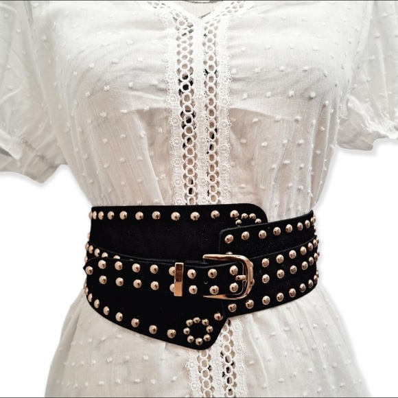Accessories - Black vegan faux suede corset gold studs punk wide boho waist belt